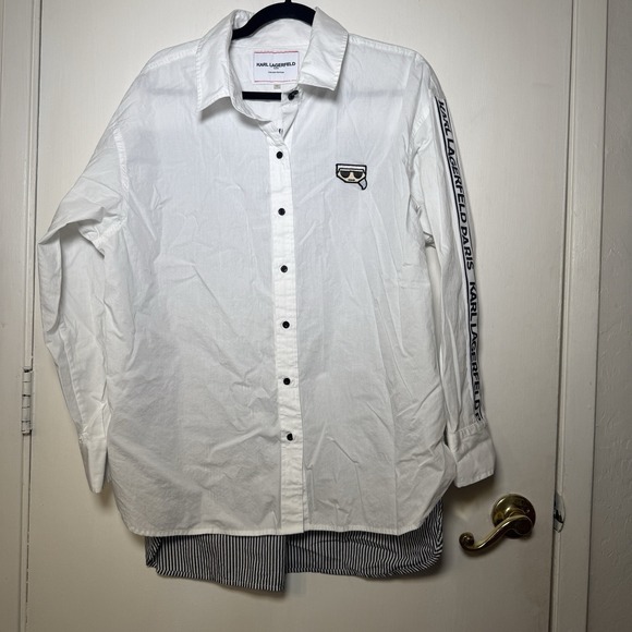 Karl Lagerfeld Paris Tops - Karl Lagerfeld Paris Shirt Womens XL White Striped Limited Edition Button Tunic
